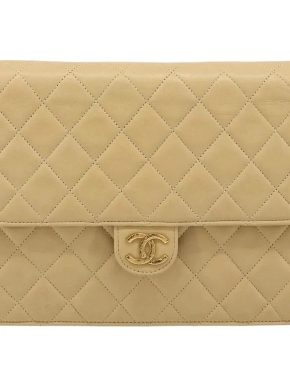 CHANEL Matelasse Chain Shoulder Bag Lamb Skin Beige Gold CC Auth 188721